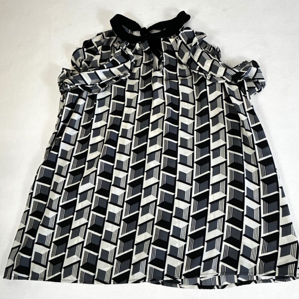 NY Collection Geometric Print Tie Neck Cold‎ Shoulder Top Blouse Women
